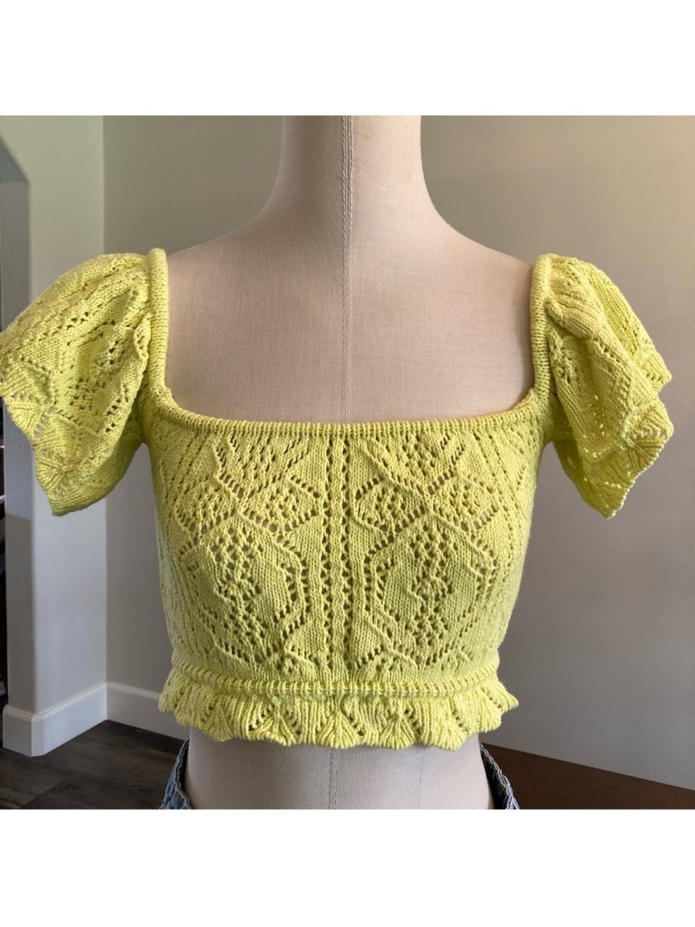Zara Crochet Knit Square-Neck Crop Top with Puff Sleeves Size Small